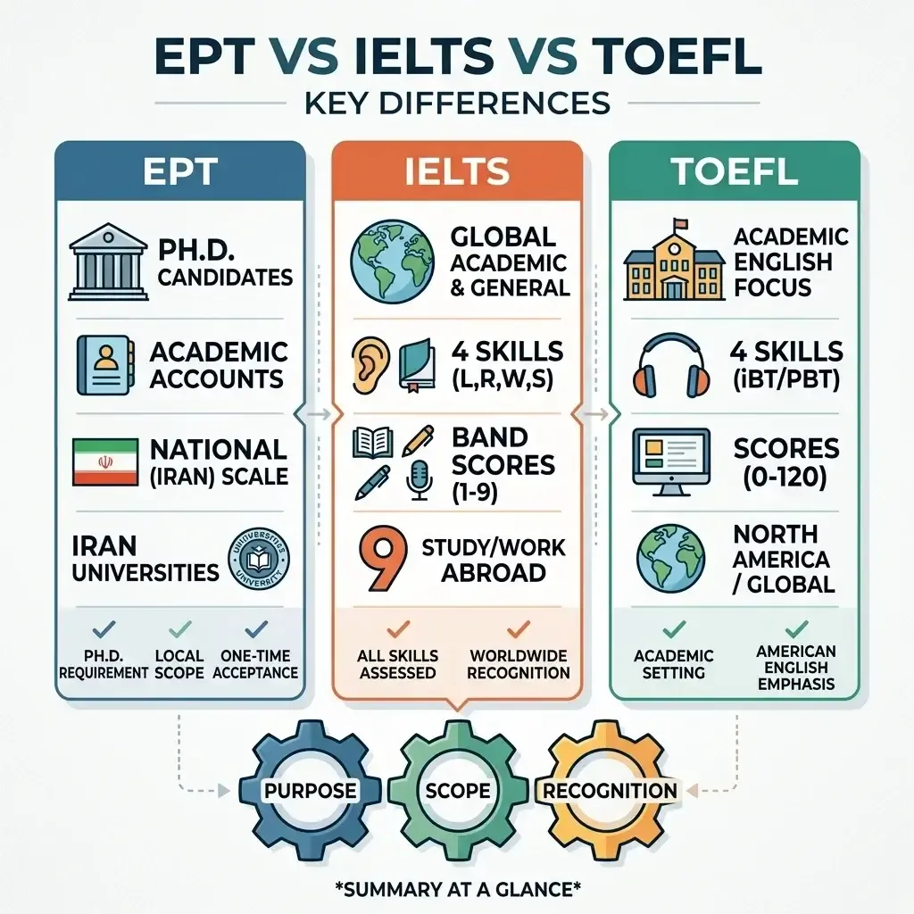 تفاوت EPT با IELTS و TOEFL چیست؟