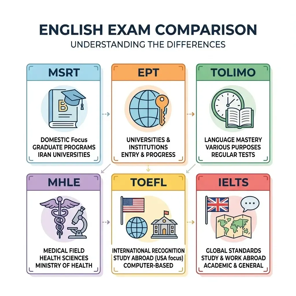 تفاوت MSRT با EPT، TOLIMO، MHLE، TOEFL و IELTS